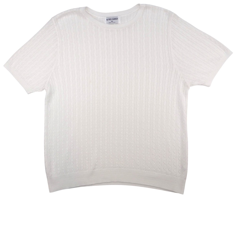 Alfred Dunner Women's White Cable Knit Short Sleeve Sweater Top Sz M Made in USA